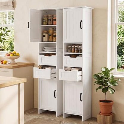 GRUSIGN 67" Tall Bathroom Storage Cabinet, Narrow Bathroom Cabinet with 2 Doors, 2 Drawers and 2 Adjustable Shelves, Slim Storage Cabinets for Kitchen, Living Room, Entryway, White