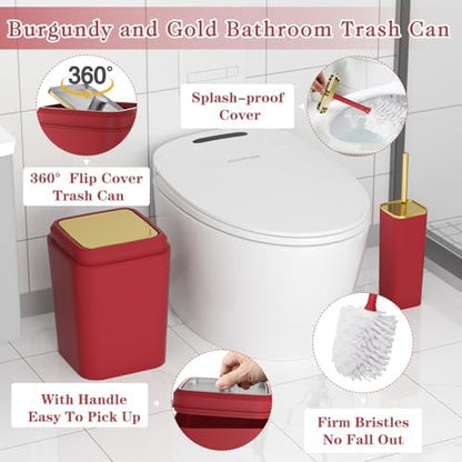 XLHOMO Bathroom Set - Burgundy Bathroom Accessories Set, Bathroom Sets with Shower Curtain and Rugs, Burgundy Shower Curtain Set with Bathroom Trash Can, Soap Dispenser, Soap Dish for Home Decor