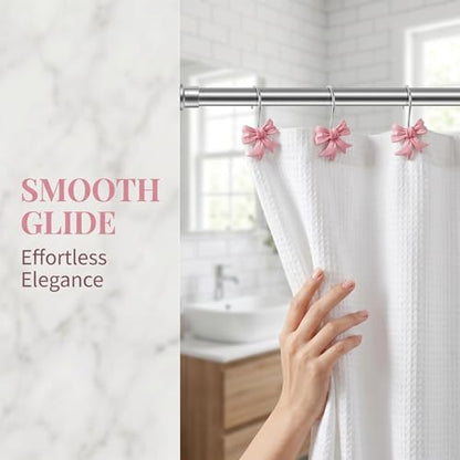 Bow Knot Decorative Shower Curtain Hooks, 12pcs Pink Cute Art Deco Resin Rust Resistant Hooks Glide Shower Ring Hangs Holder Bling for Girl Bathroom Baby Room Nursery
