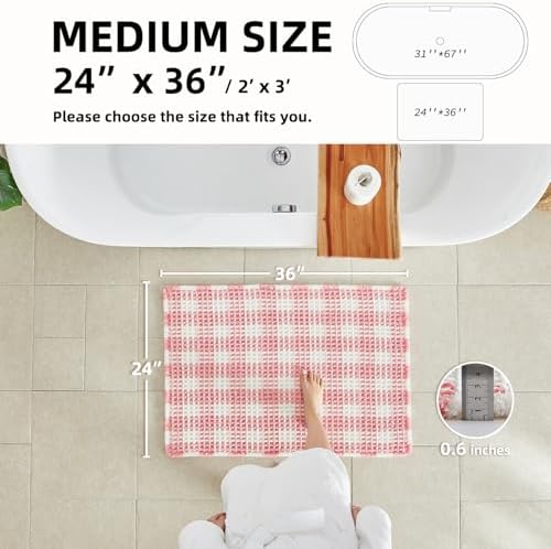 TYUU Waffle Bath Mat, Cute Bathroom Rugs Non Slip, 36x24 Pink & White