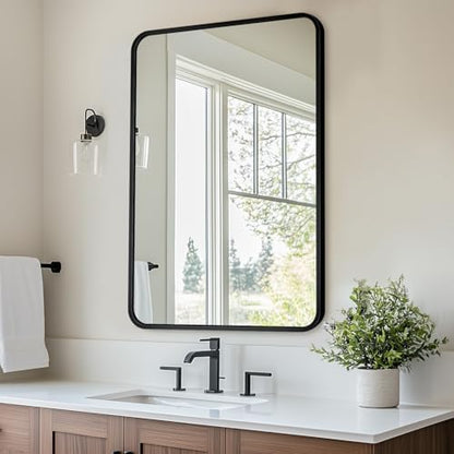 Antok 22x30 Black Metal Framed Bathroom Mirror, Wall Mirror with Round Corners, Vanity Mirror for Over Sink, Anti-Rust Tempered Glass, Horizontal/Vertical Hanging for Bathroom, Living Room, Entryway