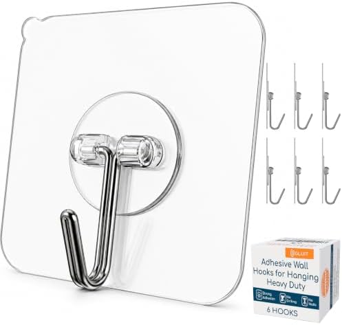 GLUIT Adhesive Wall Hooks for Hanging Heavy Duty No Drill, 22 lbs, 6 pcs