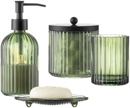4PCs Heavy Weight Decent Glass Bathroom Accessories Set with Decorative Pressed Pattern - Includes Hand Soap Dispenser & Tumbler & Soap Dish & Toothbrush Holder (Green)