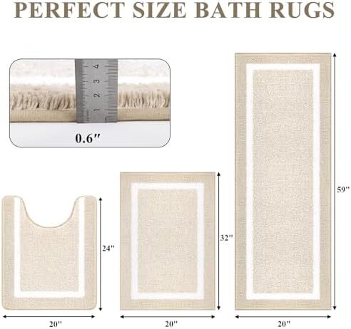 Pauwer Bathroom Rug Sets 3 Piece, Non Slip Washable Bath Mat, Light Beige