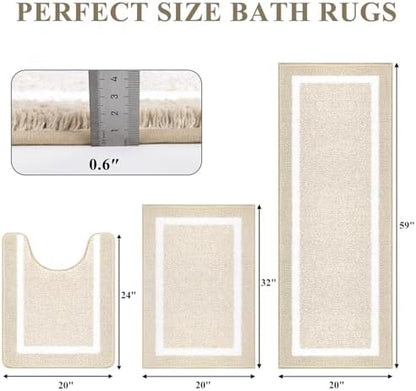 Pauwer Bathroom Rug Sets 3 Piece, Non Slip Washable Bath Mat, Light Beige