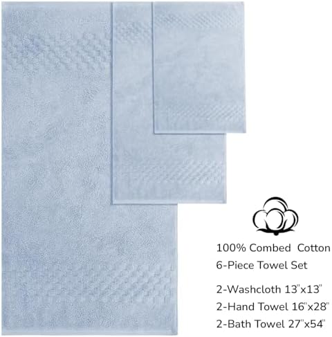 Feather & Stitch 100% Cotton 625 GSM Bath Towel Set of 6, Ultra Soft Highly Absorbent 2 Bath Towels, 2 Hand Towels & 2 Washcloth - Luxury Quick Dry Shower Towels (Sky Blue)