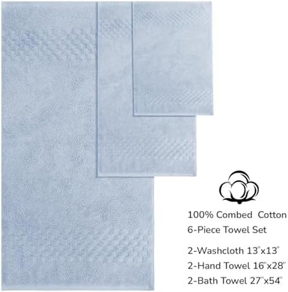 Feather & Stitch 100% Cotton 625 GSM Bath Towel Set of 6, Ultra Soft Highly Absorbent 2 Bath Towels, 2 Hand Towels & 2 Washcloth - Luxury Quick Dry Shower Towels (Sky Blue)