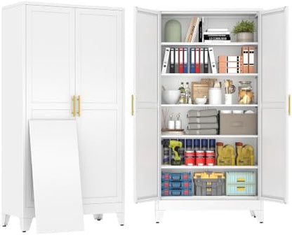 79" White Tall Metal Storage Cabinet with 2 Doors and 5 Adjustable Shelves,Steel Garage Tool Cabinet, File Cabinet,Kitchen Pantry Cabinet for Home,Office,Garage,School,Warehouse