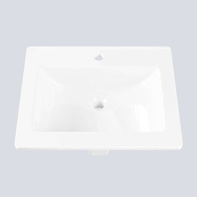Bathroom Vessel Sink Semi-Recessed Square Ceramic Basin 21.26×17.72×6.65 inch, Single Faucet Hole Countertop Sink for Modern Bathroom Vanity, Guest Washroom and Apartment Renovation