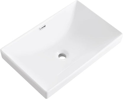 Semi Recessed Bathroom Sink 23"x15" Drop-in Vessel Sink White Porcelain Ceramic Modern Rectangular Sinks Basin Vanity Sinks with Overflow for Bathrooms