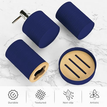 4Pcs Navy Blue Bathroom Set, Soap Dispenser, Dish & Bamboo Holder, Rustic