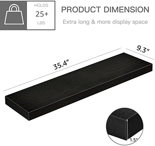 QEEIG Floating Shelves for Wall 35.4" Long - Wall Mounted Shelf Bathroom Kitchen Living Room Bedroom Farmhouse Home Decor Display Bookshelf Large 35.4 x 9.3 inch Set of 2, Black (008-90B)