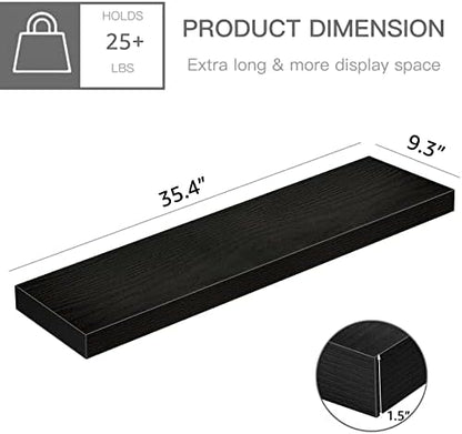 QEEIG Floating Shelves for Wall 35.4" Long - Wall Mounted Shelf Bathroom Kitchen Living Room Bedroom Farmhouse Home Decor Display Bookshelf Large 35.4 x 9.3 inch Set of 2, Black (008-90B)