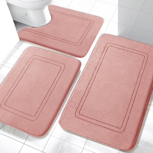 YIHOUSE Memory Foam Bath Mat Set, Bathroom Rugs Sets 3 Pieces, Non Slip Bath Mats for Bathroom, Super Soft and Water Absorbent Bath Rug Set, Machine Washable U Shape Toilet Rug,Pink