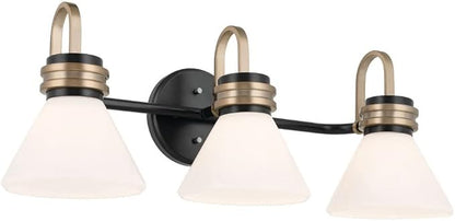 Kichler Farum 26 Inch 3 Light Vanity with Opal Glass in Black with Champagne Bronze Accents for Bathrooms and Powder Rooms, (26" W x 9.5" H x 9.5" D), 55155BK