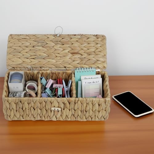 Water Hyacinth Wicker Storage Basket with Lid and Dividers
