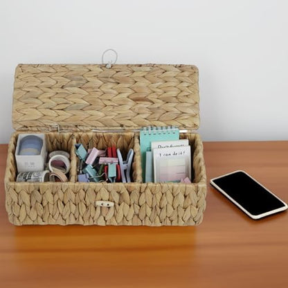 Water Hyacinth Wicker Storage Basket with Lid and Dividers