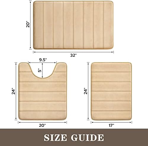 BYSURE Beige Memory Foam Bathroom Rug Set 3 Piece, Non Slip Extra Soft Absorbent Bath Mats, Machine Washable & Dry Toilet Mat Sets for Bathroom Floor | Non Slip Extra Soft Absorbent Machine Washable Toilet Bath Toilet Mat for Shower, for Bathroom