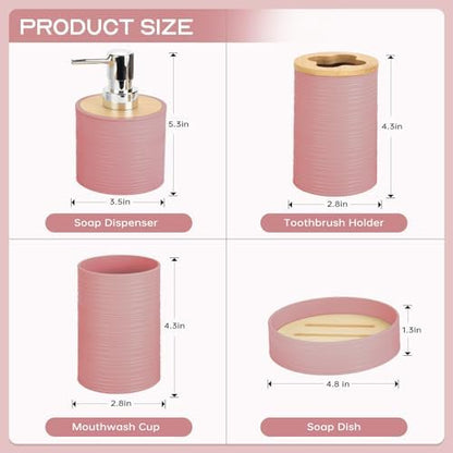 RRM 4 Piece Bamboo Bathroom Accessories Set, Boho Bathroom Decor,LightPink