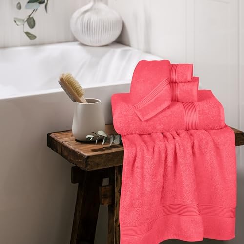 Belizzi Home Ultra Soft 6 Pack Cotton Towel Set, Contains 2 Bath Towels 28x55 inch, 2 Hand Towels 16x24 inch & 2 Wash Coths 12x12 inch, Ideal for Everyday use, Compact & Lightweight - Coral Orange