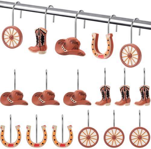 Thyle 12 Pcs Western Cowboy Shower Curtain Hooks, Rustic Farmhouse Bathroom Decor Rings with Cowboy Hat Boot Horseshoe Designs, Vintage Ranch Style Shower Curtain Rings for Country Home Holiday Decor
