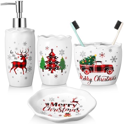 Newtay Christmas 4 Pcs Ceramic Bathroom Accessories Set, Toothbrush Holder