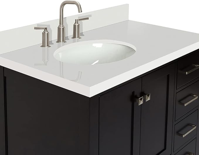ARIEL Cambridge 36-inch Bathroom Vanity with Sink,Solid Wood, 1.5-inch Pure White Quartz Countertop & Backsplash, Single Oval Porcelain Sink, 2 Soft Closing Doors, 5 Dovetail Drawers, Espresso