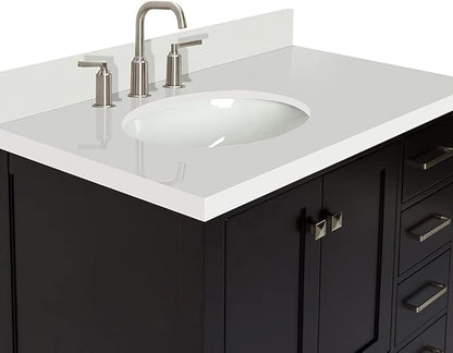 ARIEL Cambridge 36-inch Bathroom Vanity with Sink,Solid Wood, 1.5-inch Pure White Quartz Countertop & Backsplash, Single Oval Porcelain Sink, 2 Soft Closing Doors, 5 Dovetail Drawers, Espresso