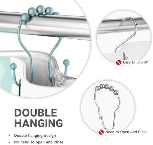 Bathway Shower Curtain Hooks, Shower Curtain Rings Rust Proof Double Hook Shower Curtain Hooks, 12 Pcs Shower Hooks for Shower Curtain, Shower Rings for Curtain, Metal Shower Rod Hooks Lightcyan