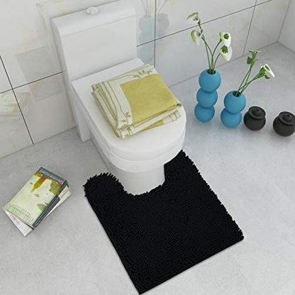 ITSOFT 24"x21" U-Shaped Non-Slip Shaggy Chenille Toilet Contour Bathroom Rug with Water Absorbent, Black