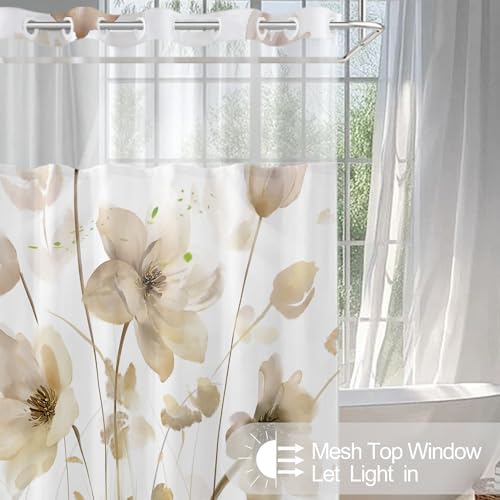 No Hook Shower Curtain and Liner Set, Yellow Boho Floral 71x74