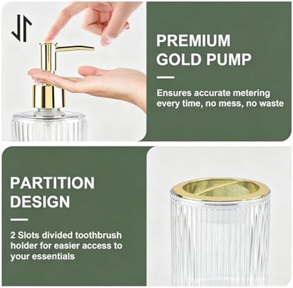 Clear Glass Bathroom Accessories Set, Soap Dispenser and Toothbrush Holder