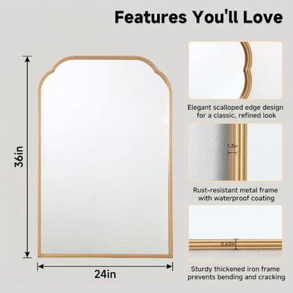 36"x24"﻿ Gold Bathroom Scalloped Mirror, Rust-Proof Metal Frame
