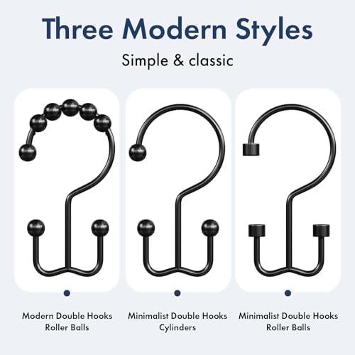 Bathway Shower Curtain Hooks Matte Black Shower Curtain Rings, 12 Pcs Double Hook Shower Curtain Hooks Rings Shower Curtain Hangers Rust Proof, Metal Shower Hooks for Bathroom Shower Curtain Rod