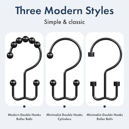 Bathway Shower Curtain Hooks Matte Black Shower Curtain Rings, 12 Pcs Double Hook Shower Curtain Hooks Rings Shower Curtain Hangers Rust Proof, Metal Shower Hooks for Bathroom Shower Curtain Rod