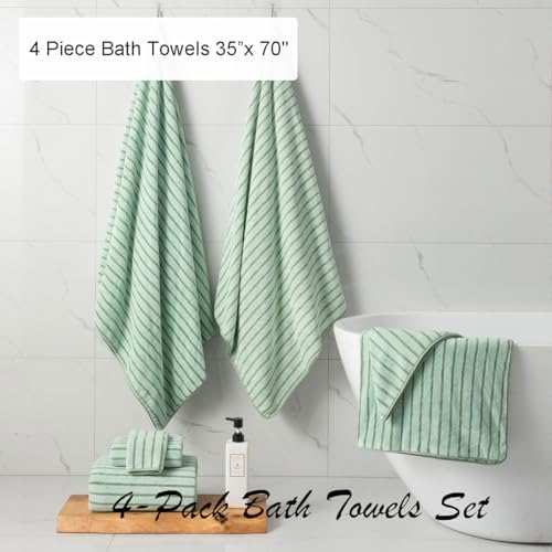 4 Pcs Green Cabana Stripe Large Bath Sheets Soft Microfiber Bathroom Towels