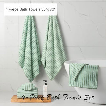 4 Pcs Green Cabana Stripe Large Bath Sheets Soft Microfiber Bathroom Towels