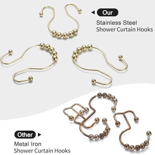 Goowin Shower Curtain Hooks, 12 Pcs Shower Curtain Rings, Stainless Steel Gold Shower Curtain Hooks, Rust Proof Shower Curtain Hangers, Smooth Sliding Anti-Drop Shower Rings for Curtain (Gold)