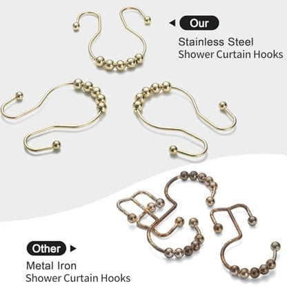 Goowin Shower Curtain Hooks, 12 Pcs Shower Curtain Rings, Stainless Steel Gold Shower Curtain Hooks, Rust Proof Shower Curtain Hangers, Smooth Sliding Anti-Drop Shower Rings for Curtain (Gold)