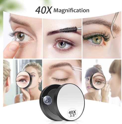MIYADIVA 40X Magnifying Mirror, 3.5 Inch Round Compact Mirror with Suction Cup, Stainless Steel Tweezers, Perfect for Makeup, Eyebrows, Beards, Travel