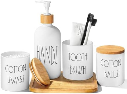 White Bathroom Accessories, 5 Pcs Glass Bathroom Accessory Set with Bamboo Tray, Soap Dispenser and Toothbrush Holder Set, Qtip and Cotton Ball Holder, Farmhouse Boho Bathroom Set Complete