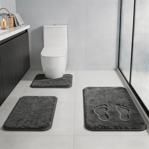 Bathroom Rugs Extra Soft Memory Foam Bath Mat Sets 3 Piece Non Slip Absorbent & Dry Living Mat Sets Washable Bath Carpets with Toilet Rug,Bath Rugs for Bathroom,Tub,Shower,Kitchen,Bedroom