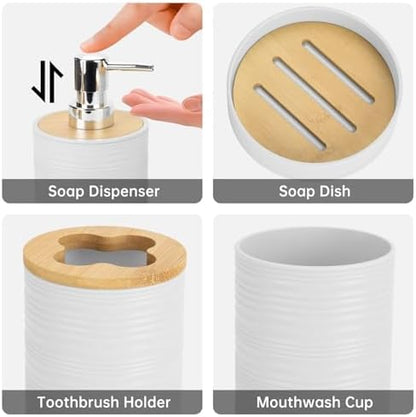 RRM 4 Piece Bamboo Bathroom Accessories Set, Boho Bathroom Decor, White