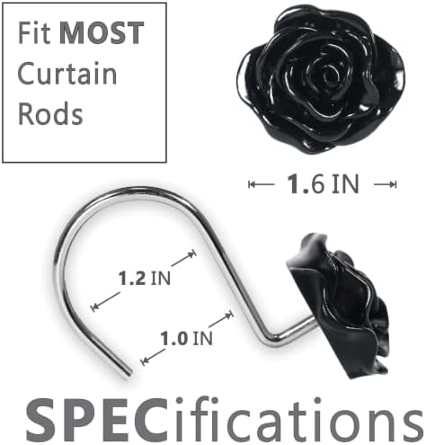 Black Rose Shower Curtain Hooks: Cute Flower Bathroom Curtain Rings, 12Pcs