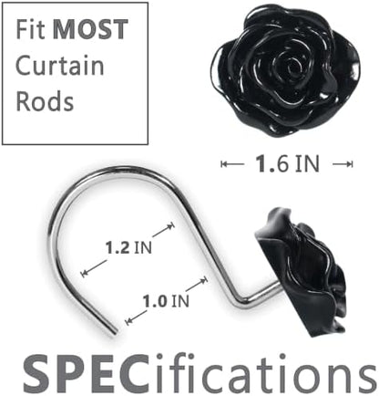 Black Rose Shower Curtain Hooks: Cute Flower Bathroom Curtain Rings, 12Pcs