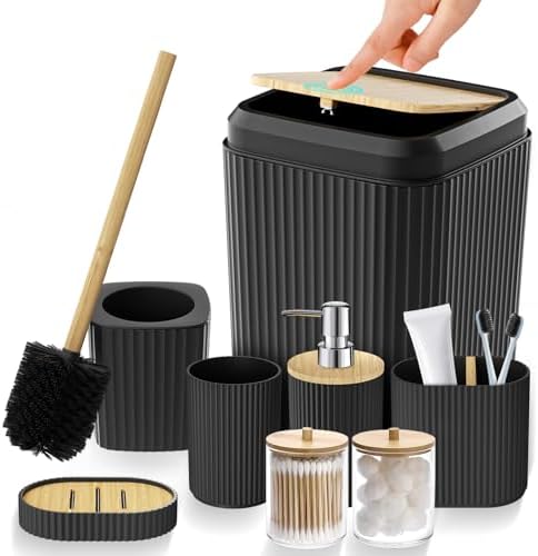 Black Bathroom Accessories Set, 8 Pieces Bathroom Decor Set, Trash Can, Toilet Brush with Holder, Soap Dispenser, Toothbrush and Toothpaste Holder, Tumbler Cup, Soap Dish, Qtip Holders