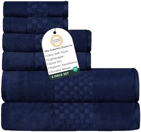 Feather & Stitch 100% Cotton 625 GSM Bath Towel Set of 6, Ultra Soft Highly Absorbent 2 Bath Towels, 2 Hand Towels & 2 Washcloth - Luxury Quick Dry Shower Towels (Navy Blue)