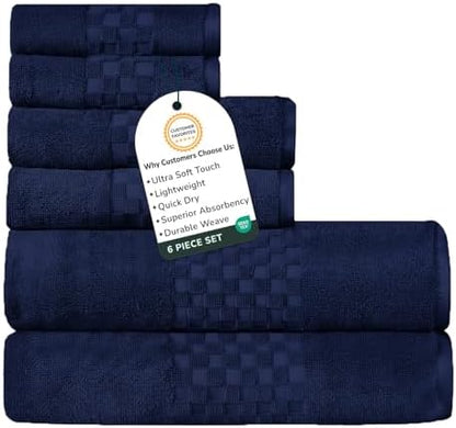 Feather & Stitch 100% Cotton 625 GSM Bath Towel Set of 6, Ultra Soft Highly Absorbent 2 Bath Towels, 2 Hand Towels & 2 Washcloth - Luxury Quick Dry Shower Towels (Navy Blue)