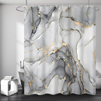 Grey Marble Shower Curtain, Modern Abstract Luxury Grey Gold Ink Texture Watercolor Art Bathroom Curtains Ombre Machine Washable Waterproof Fabric Bathtub Curtain Set with Hooks 60" Wx72 L