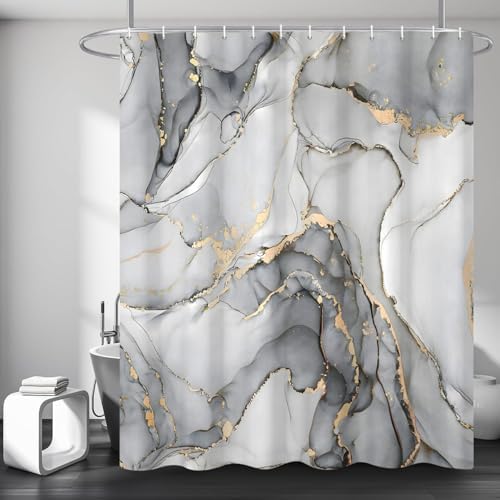 Grey Marble Shower Curtain, Modern Abstract Luxury Grey Gold Ink Texture Watercolor Art Bathroom Curtains Ombre Machine Washable Waterproof Fabric Bathtub Curtain Set with Hooks 36" Wx72 L